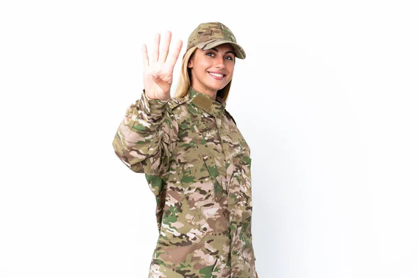 Військова Жінка Ізольована Білому Тлі Щаслива Рахує Чотири Пальцями — стокове фото