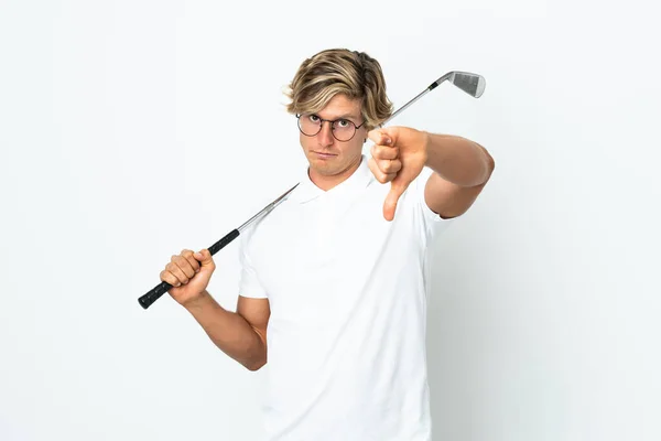 Engelse Man Golfen Tonen Duim Naar Beneden Met Negatieve Uitdrukking — Stockfoto