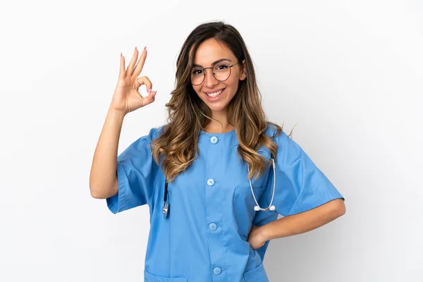 Young Surgeon Doctor Woman Isolated White Wall Showing Sign Fingers — ストック写真