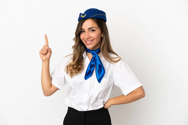Airplane Stewardess Isolated White Background Showing Lifting Finger Sign Best — ストック写真