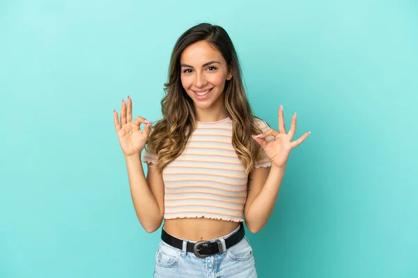 Young Woman Isolated Blue Background Showing Sign Two Hands — 图库照片