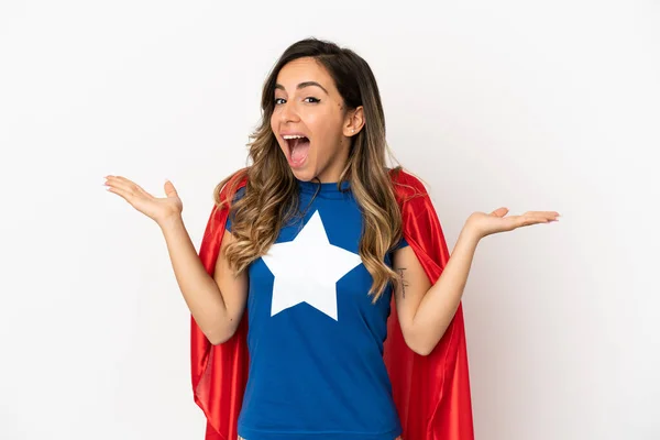 Super Hero Woman Isolated White Background Shocked Facial Expression — Stockfoto