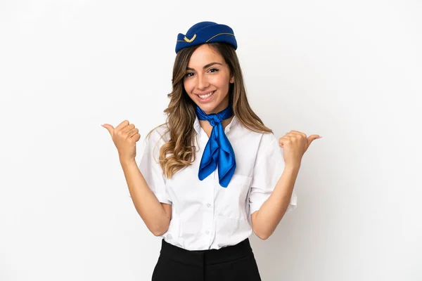 Airplane Stewardess Isolated White Background Thumbs Gesture Smiling — Zdjęcie stockowe
