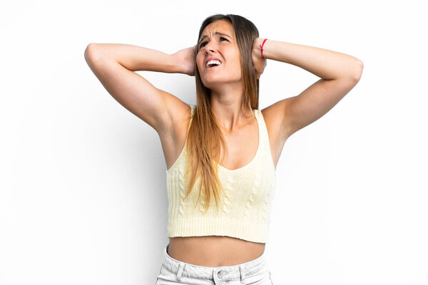 Young caucasian woman isolated on white background stressed overwhelmed