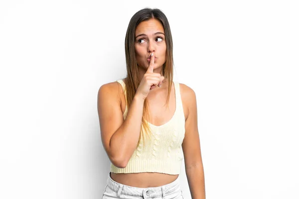 Jeune Femme Caucasienne Isolée Sur Fond Blanc Montrant Signe Silence — Photo