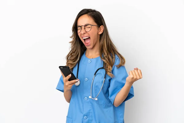 Young Surgeon Doctor Woman Isolated White Wall Phone Victory Position — Stock Photo, Image