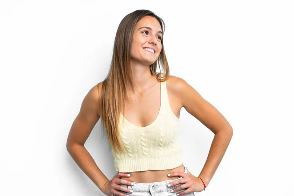 Jeune Femme Caucasienne Isolée Sur Fond Blanc Posant Avec Les — Photo
