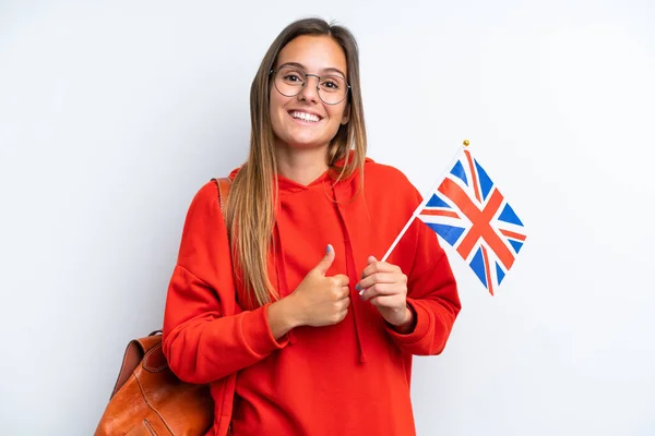 Young Hispanic Woman Holding United Kingdom Flag Isolated White Background — 스톡 사진