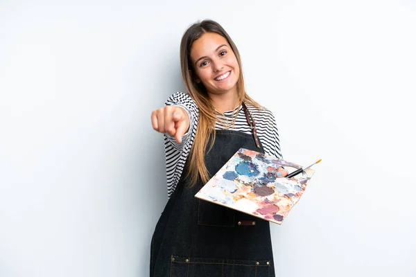 Young Artist Caucasian Woman Holding Palette Isolated White Background Pointing — ストック写真