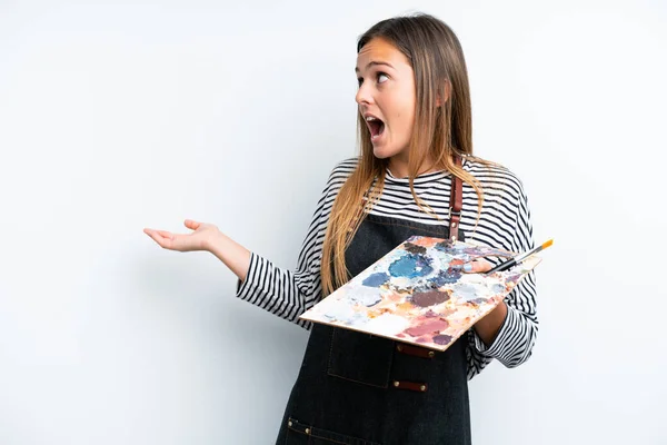 Young Artist Caucasian Woman Holding Palette Isolated White Background Surprise — Foto de Stock