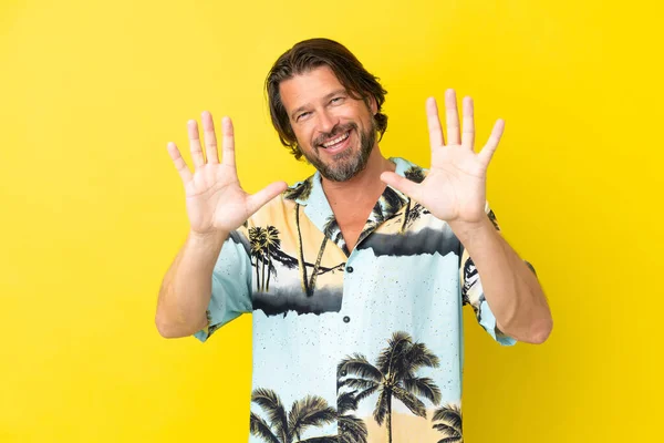 Senior Dutch Man Isolated Yellow Background Counting Ten Fingers — Foto Stock