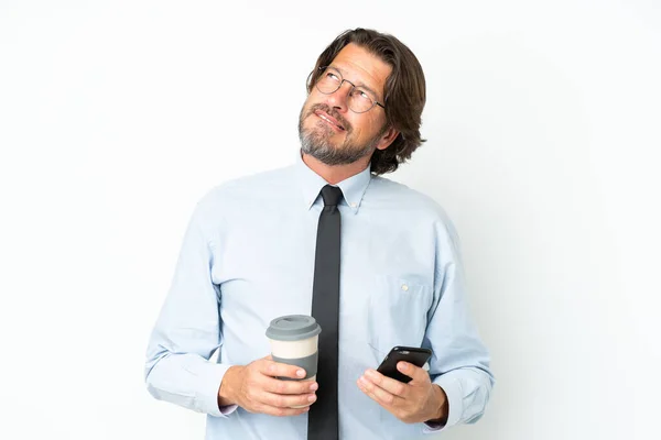 Senior Dutch Business Man Isolated White Background Holding Coffee Take — Zdjęcie stockowe