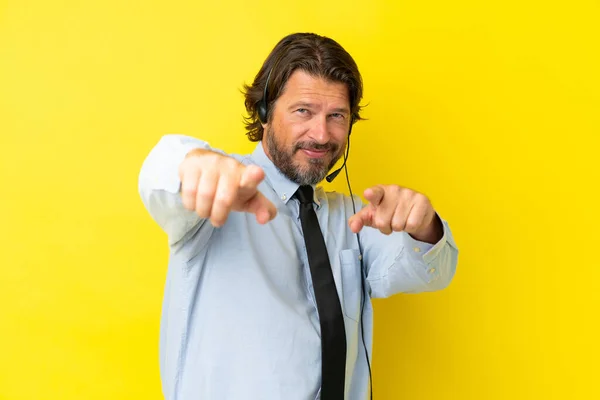 Telemarketer Dutch Man Working Headset Isolated Yellow Background Points Finger — Stockfoto