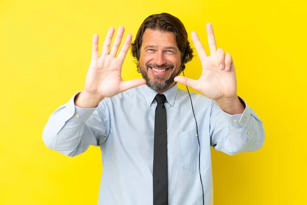 Telemarketer Dutch Man Working Headset Isolated Yellow Background Counting Eight — ストック写真