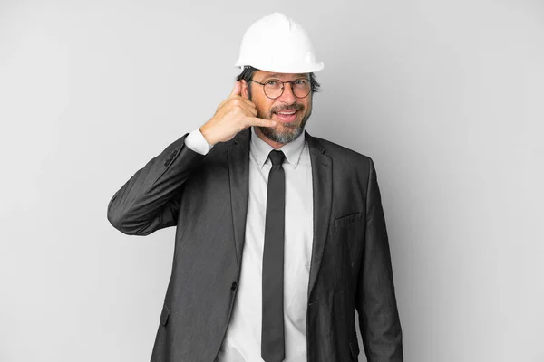 Young Architect Man Helmet Isolated Background Making Phone Gesture Call — ストック写真