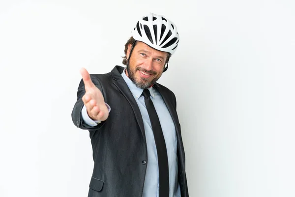 Homem Sênior Negócios Com Capacete Bicicleta Isolado Fundo Branco Apertando — Fotografia de Stock