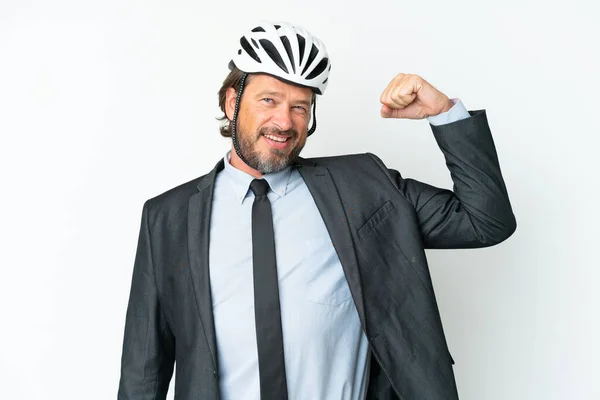 Business Senior Man Bike Helmet Isolated White Background Doing Strong — Stock Photo, Image