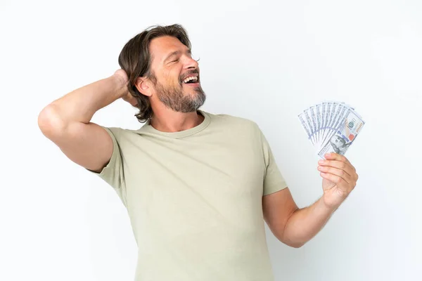 Hombre Holandés Mayor Tomando Montón Dinero Aislado Sobre Fondo Blanco — Foto de Stock