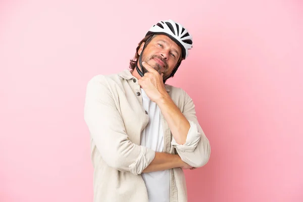 Senior Dutch Man Bike Helmet Isolated Pink Background Smiling — 图库照片