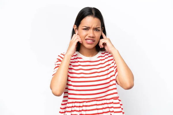 Young Colombian Woman Isolated White Background Frustrated Covering Ears — Φωτογραφία Αρχείου