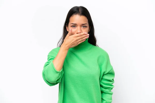 Young Colombian Woman Isolated White Background Covering Mouth Hand — Stock fotografie