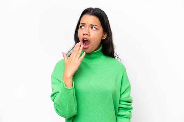 Young Colombian Woman Isolated White Background Yawning Covering Wide Open — ストック写真