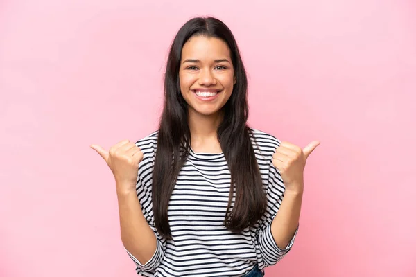 Young Colombian Woman Isolated Pink Background Thumbs Gesture Smiling — Φωτογραφία Αρχείου