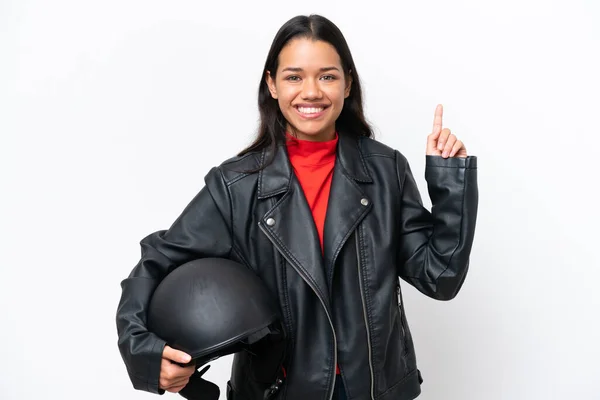 Молодая Женщина Смешанной Расы Мотоциклетным Шлемом — стоковое фото