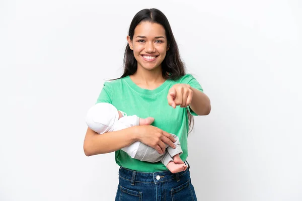 Young Colombian Woman Her Newborn Baby Isolated White Background Points — ストック写真