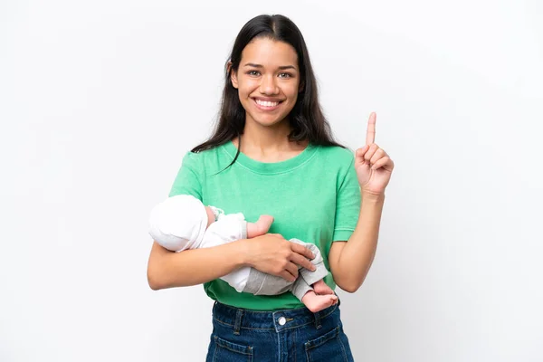 Young Colombian Woman Her Newborn Baby Isolated White Background Pointing — Stockfoto