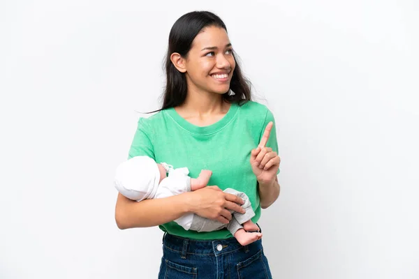 Young Colombian Woman Her Newborn Baby Isolated White Background Intending — ストック写真