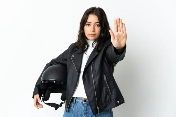 Woman Holding Motorcycle Helmet Isolated White Background Making Stop Gesture — ストック写真