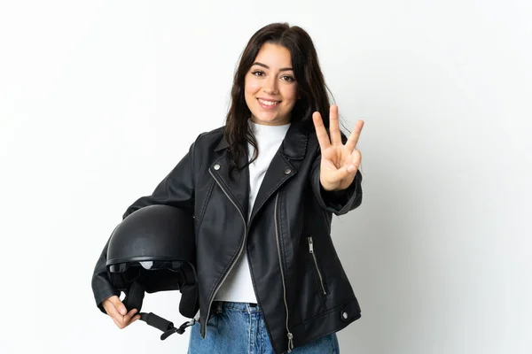 白い背景に隔離されたオートバイのヘルメットを持っている女性幸せとカウント3とともに指 — ストック写真