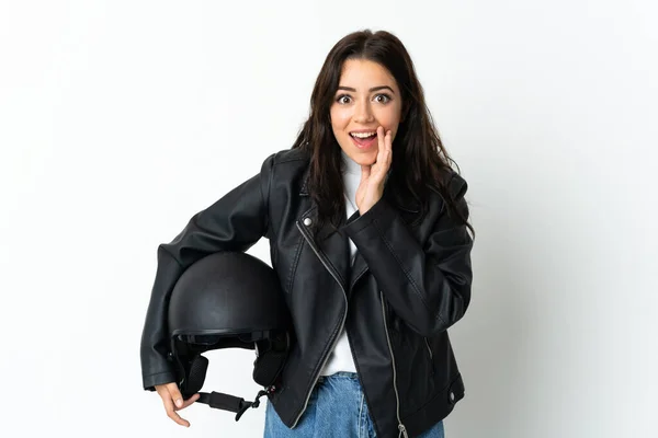 Woman Holding Motorcycle Helmet Isolated White Background Surprise Shocked Facial —  Fotos de Stock