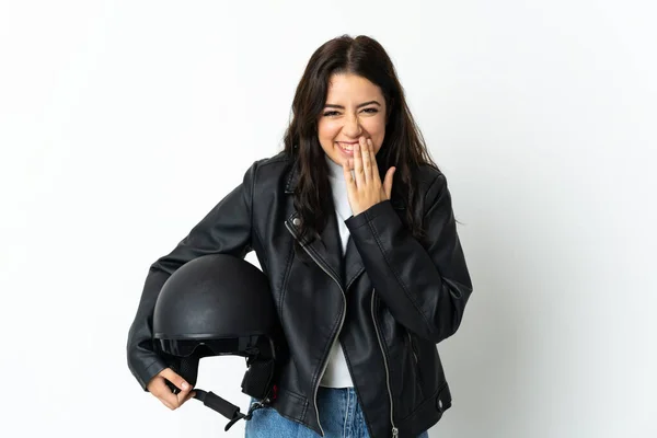 Mujer Sosteniendo Casco Moto Aislado Sobre Fondo Blanco Feliz Sonriente —  Fotos de Stock