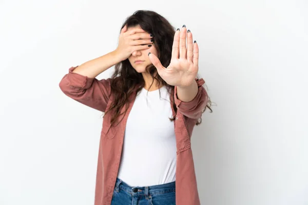 Teenager Russian Girl Isolated White Background Making Stop Gesture Covering — Stockfoto