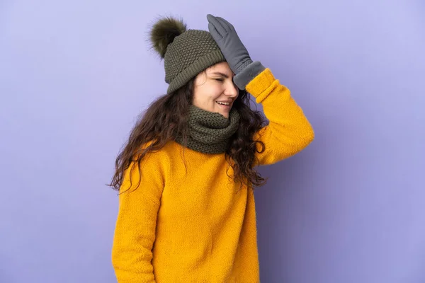 Teenager Russian Girl Winter Hat Isolated Purple Background Has Realized — 图库照片