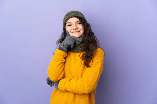 Teenager Russian Girl Winter Hat Isolated Purple Background Happy Smiling — Stockfoto