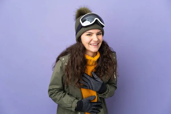 Teenager Russian Girl Snowboarding Glasses Isolated Purple Background Smiling Lot — Foto Stock