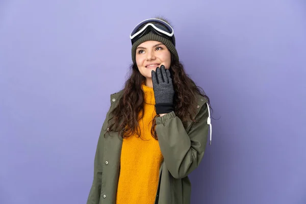 Teenager Russian Girl Snowboarding Glasses Isolated Purple Background Looking While — Foto Stock