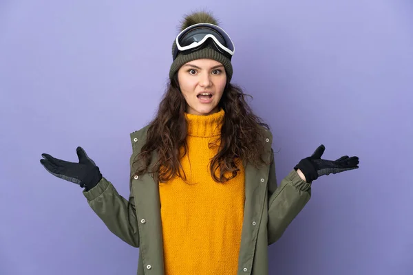 Teenager Russian Girl Snowboarding Glasses Isolated Purple Background Shocked Facial — Stockfoto