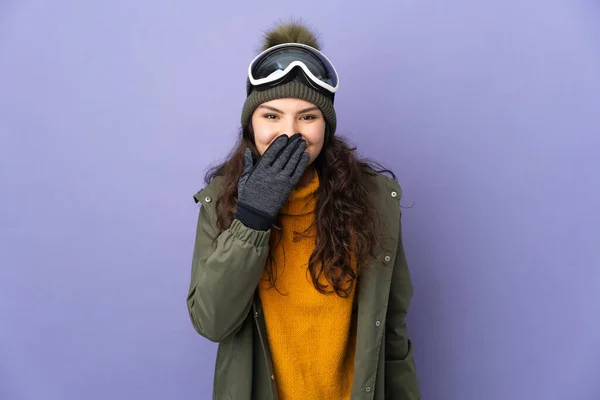 Teenager Russian Girl Snowboarding Glasses Isolated Purple Background Happy Smiling —  Fotos de Stock