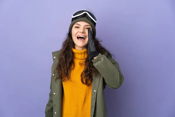 Teenager Russian Girl Snowboarding Glasses Isolated Purple Background Shouting Mouth — 图库照片