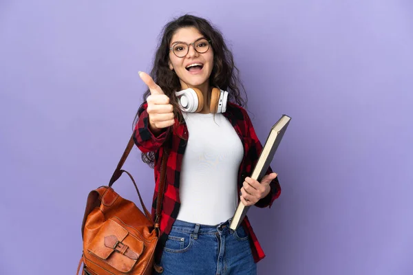 Teenager Student Isolated Purple Background Thumbs Because Something Good Has — Stockfoto