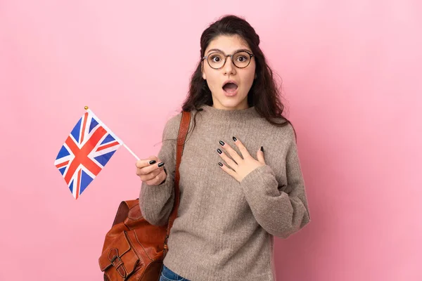 Elinde Birleşik Krallık Bayrağı Olan Genç Bir Rus Kadın Pembe — Stok fotoğraf