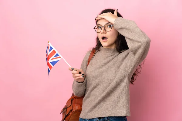 Young Russian Woman Holding United Kingdom Flag Isolated Pink Background — Zdjęcie stockowe