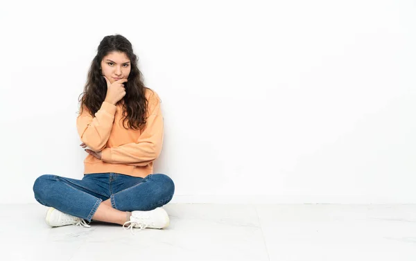 Teenager Russian Girl Sitting Floor Thinking — Zdjęcie stockowe