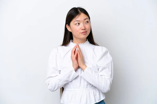Young Chinese Woman Isolated White Background Scheming Something — Stockfoto