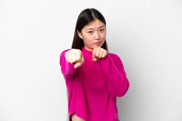 Young Chinese Woman Isolated White Background Fighting Gesture — Foto Stock