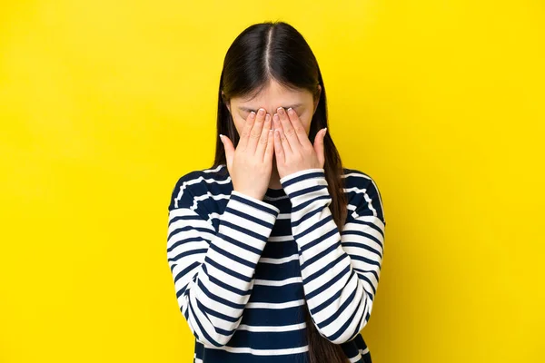 Young Chinese Woman Isolated Yellow Background Tired Sick Expression — Stock Photo, Image